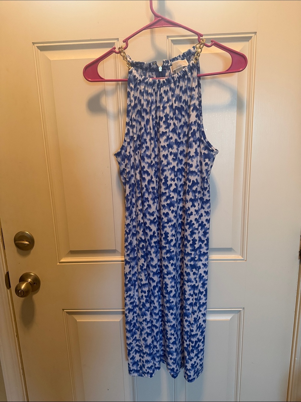 Michael Kors Blue and White Halter Dress with Gold Chain Straps